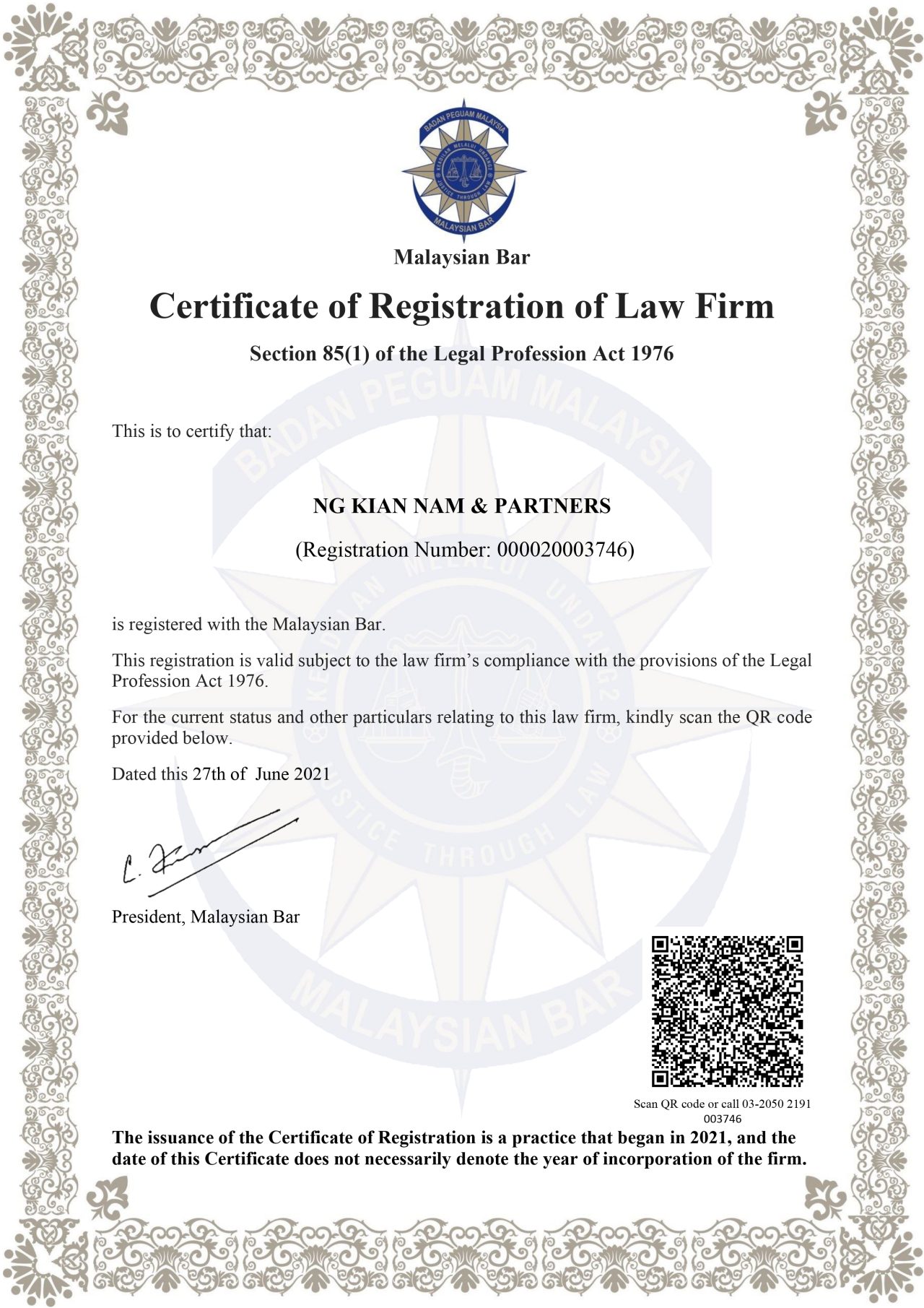 1. CERTIFICATE OF REGISTRATION OF LAW FIRM