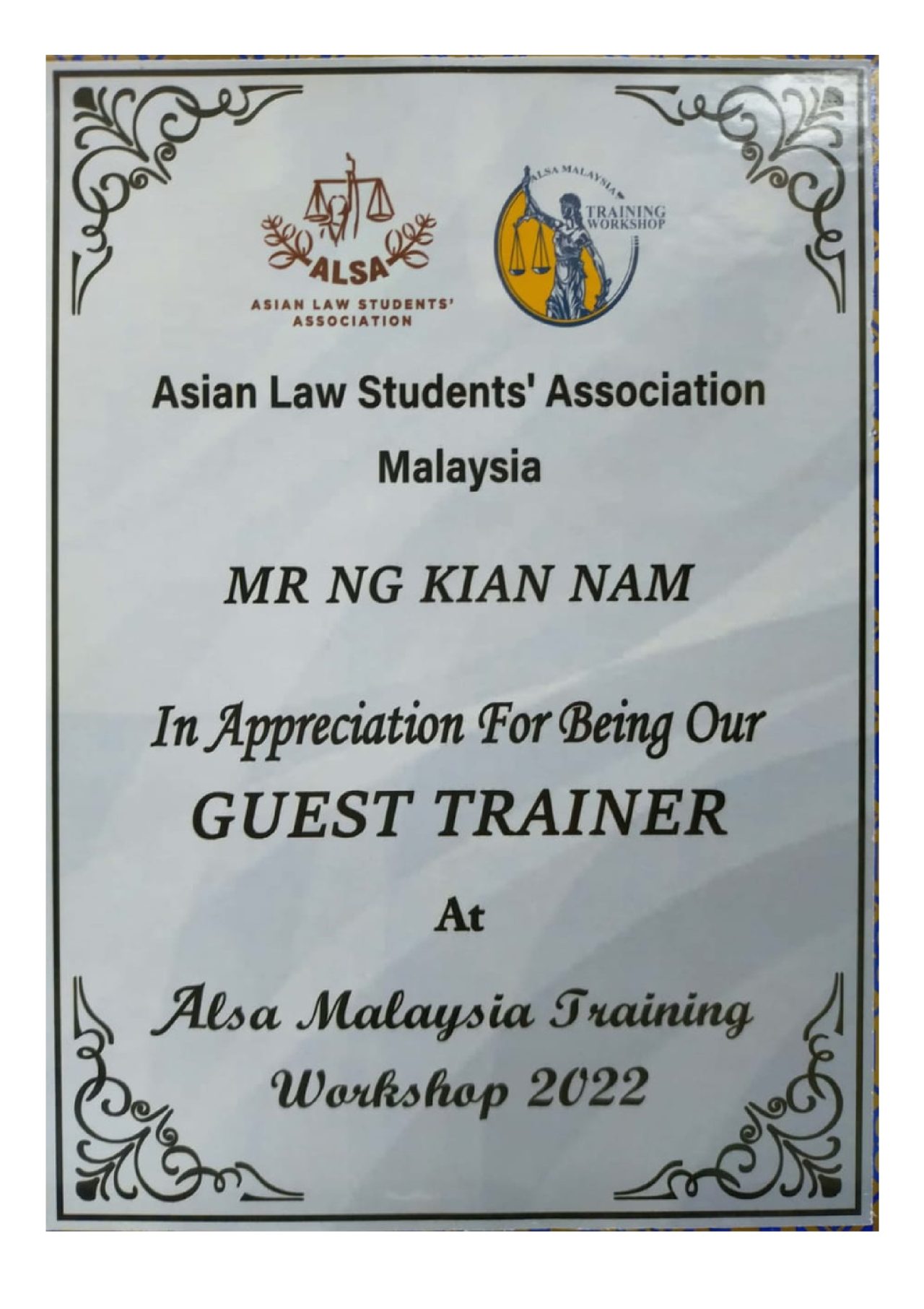 5. APPRECIATION FOR BEING GUEST TRAINER FOR ALSA MALAYSIA TRAINING WORKSHOP