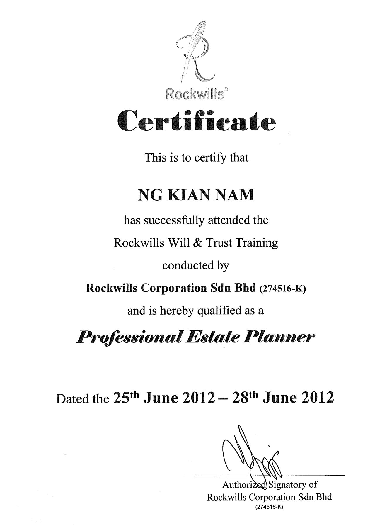 6. ROCKWILLS CERTIFICATE